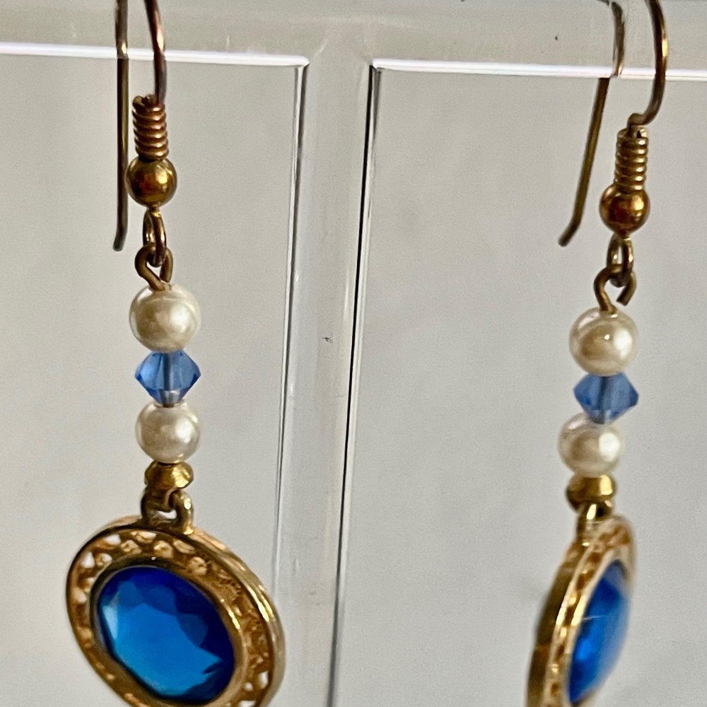 Adorable Blue Crystal and Pearl Earrings